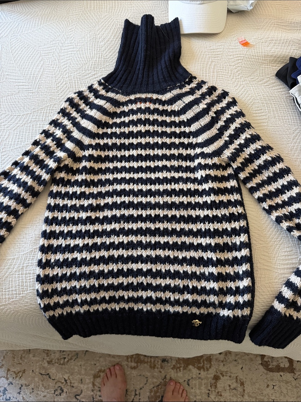 Tory Burch Navy and Cream Striped Ribbed Turtleneck Sweater